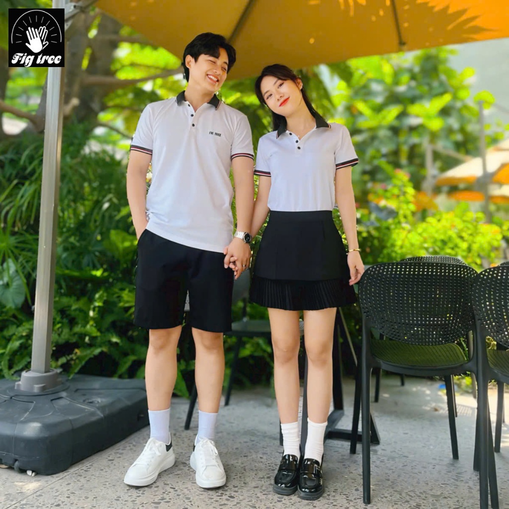 Set Áo Thun Đôi Polo Cao Cấp Fig Tree Màu Trắng Bo Viền  ( Hàng thiết kế Fullsize đến 110kg)