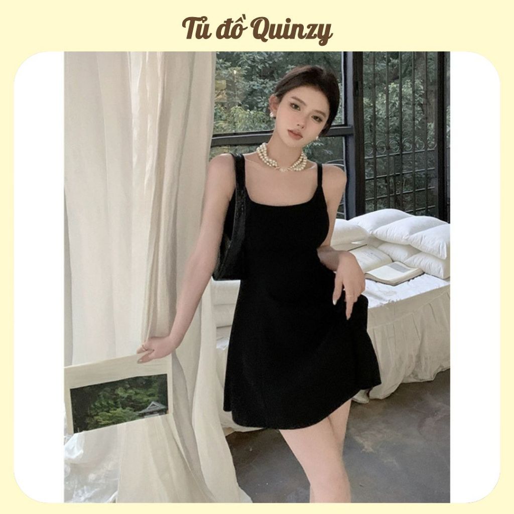 TudoQuinzy Đầm 2s thun tăm bản to dáng xoè Váy 2 Dây Nữ cổ vuông Dáng Xoè năng động