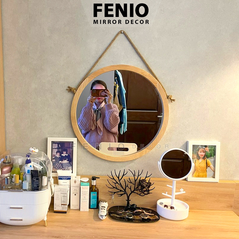 Ảnh Gương tròn treo tường khung viền GỖ SỒI GỖ TỰ NHIÊN KHÔNG Ố MỐC decor treo tường dây thừng hoặc móc treo phía sau 1