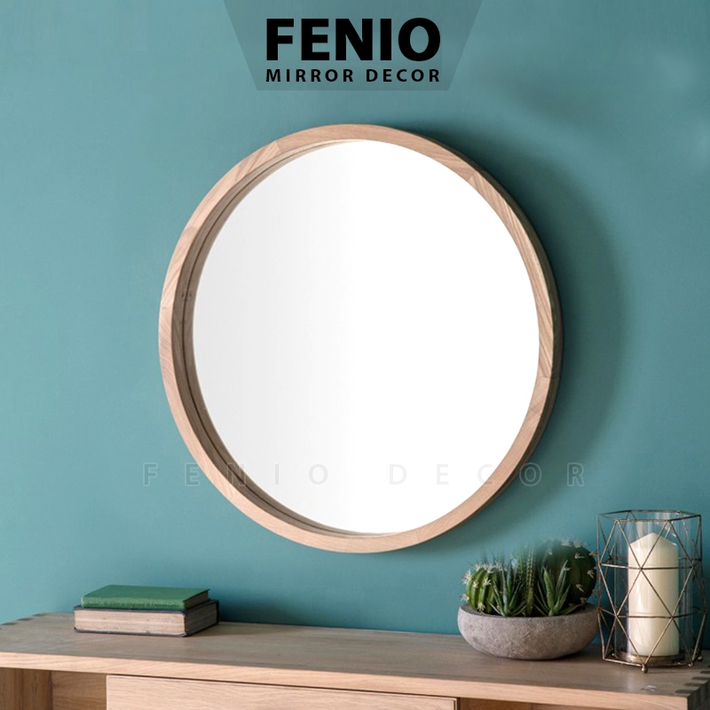 Ảnh Gương tròn treo tường khung viền GỖ SỒI GỖ TỰ NHIÊN KHÔNG Ố MỐC decor treo tường dây thừng hoặc móc treo phía sau 4