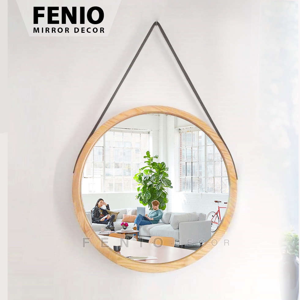 Ảnh Gương tròn treo tường khung viền GỖ SỒI GỖ TỰ NHIÊN KHÔNG Ố MỐC decor treo tường dây thừng hoặc móc treo phía sau 2