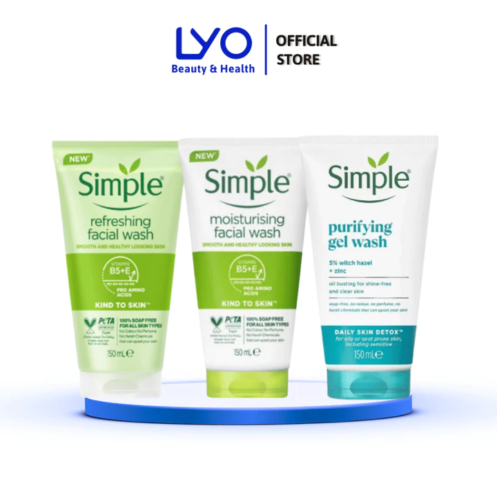 Gel sữa Rửa Mặt Simple Cho Da Dầu Mụn Dưỡng Ẩm Da Khô, Nhạy Cảm Dịu Nhẹ SRM Simple 150ml