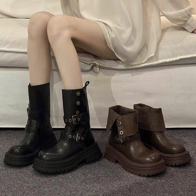 (Sẵn đen 37) Giày Bốt Martin Cúc Bấm Đế Độn Thời Trang Phong Cách Ulzzang