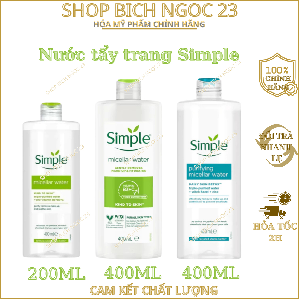 Nước tẩy trang Simple Micellar làm sạch trang điểm vượt trội và cấp ẩm tức thì cho da 200ml, 400ml