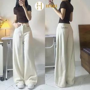 Quần jeans trắng kem Hari ánh rêu ống rộng