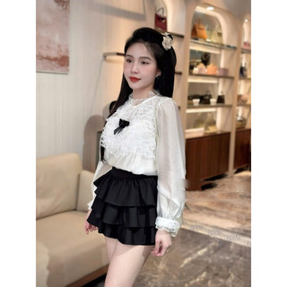 Áo sơ mi tơ ren bi trước ngực kèm tag nơ (kèm áo dây mặc trong)