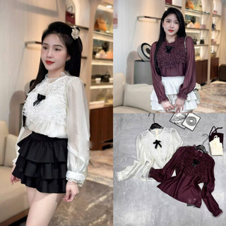 Áo sơ mi tơ ren bi trước ngực kèm tag nơ (kèm áo dây mặc trong)