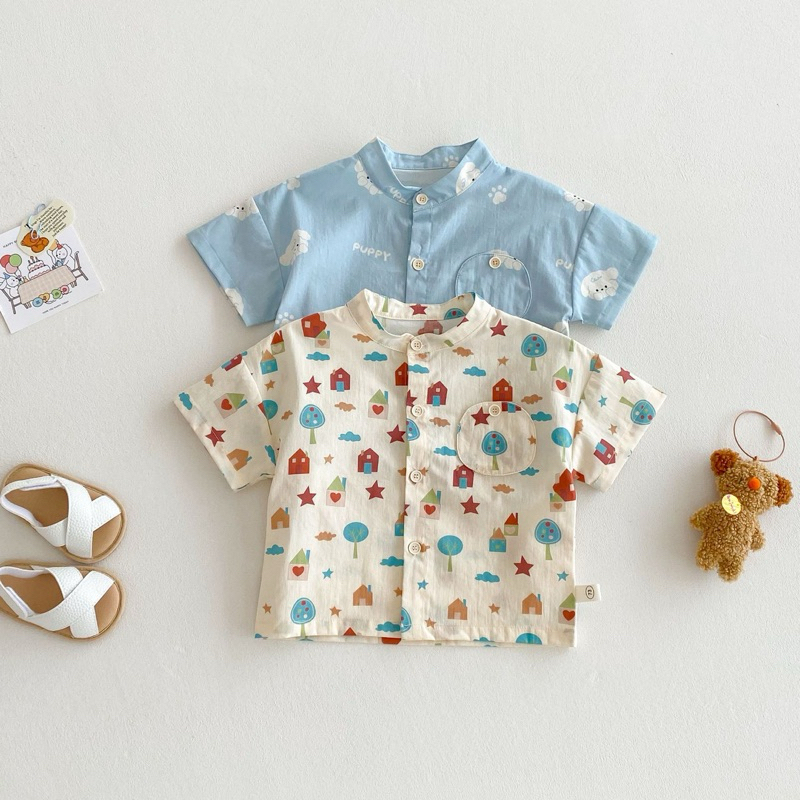 (Order) Áo sơ mi cổ tàu hoạ tiết mùa hè tươi mát có túi dành cho bé trai