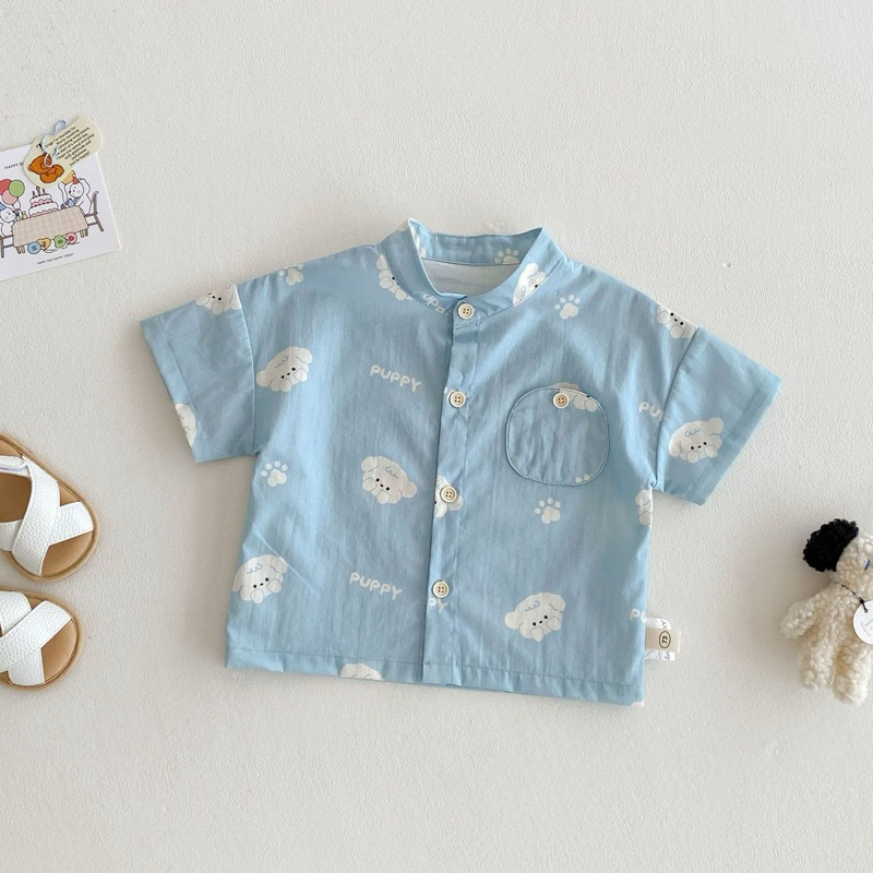 (Order) Áo sơ mi cổ tàu hoạ tiết mùa hè tươi mát có túi dành cho bé trai