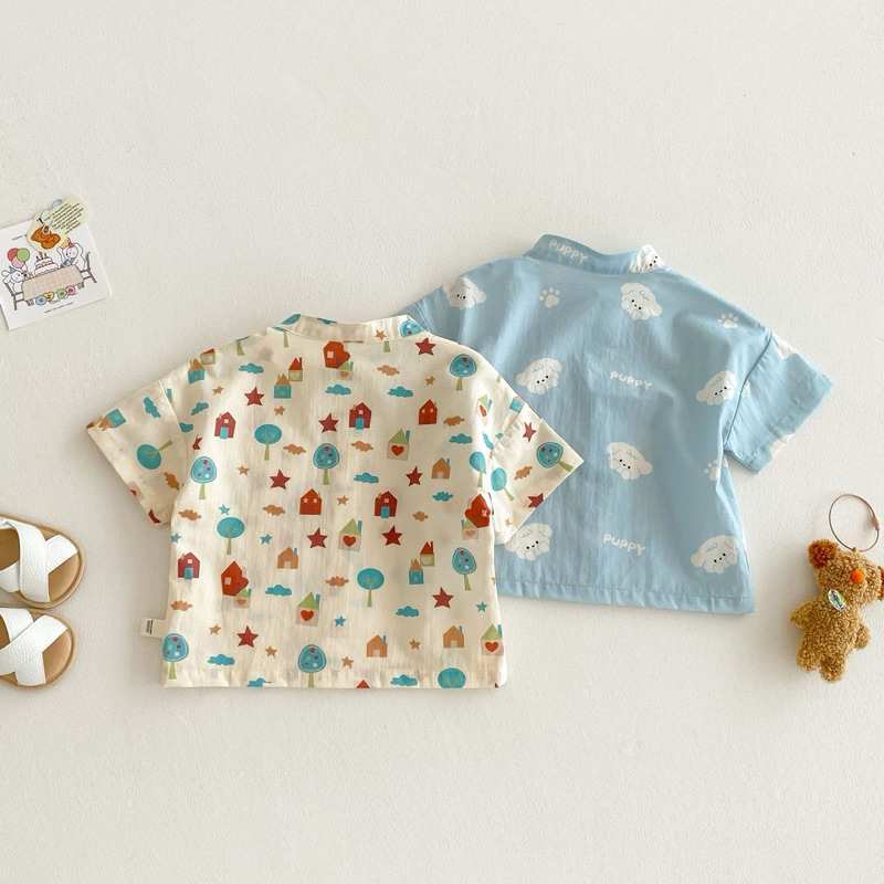 (Order) Áo sơ mi cổ tàu hoạ tiết mùa hè tươi mát có túi dành cho bé trai