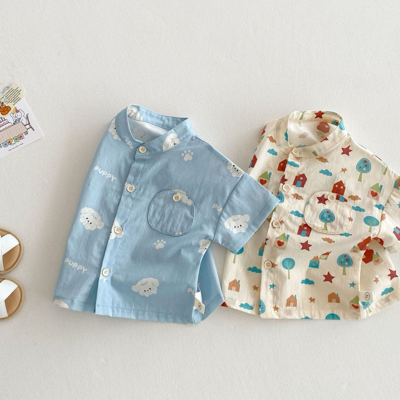 (Order) Áo sơ mi cổ tàu hoạ tiết mùa hè tươi mát có túi dành cho bé trai