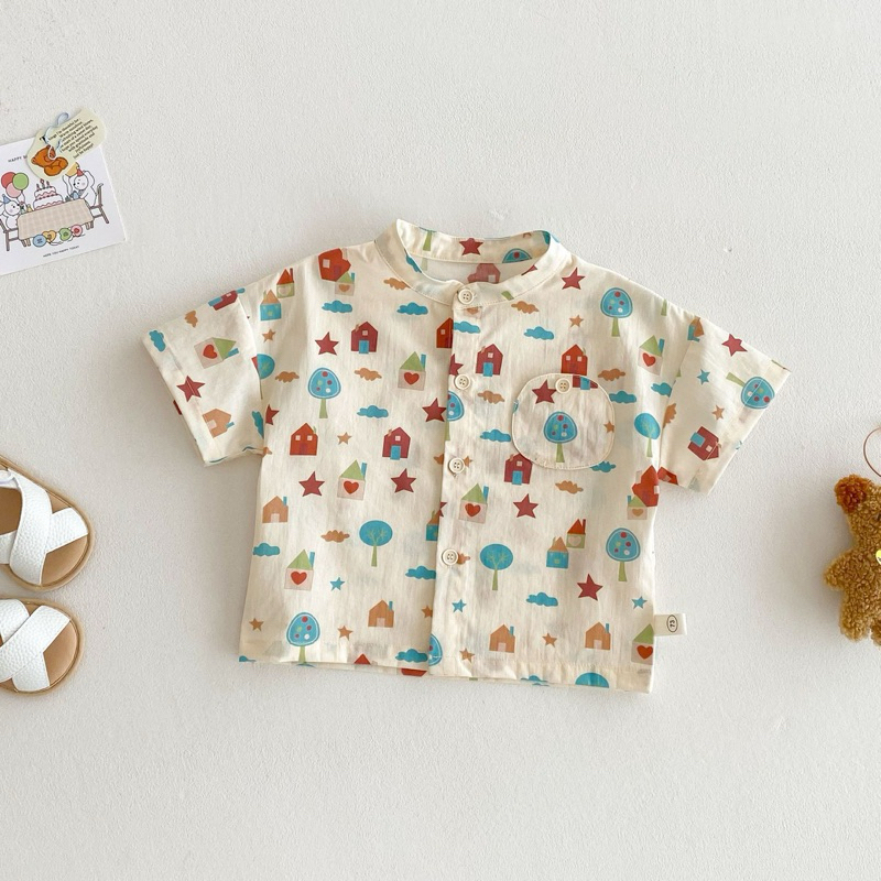 (Order) Áo sơ mi cổ tàu hoạ tiết mùa hè tươi mát có túi dành cho bé trai