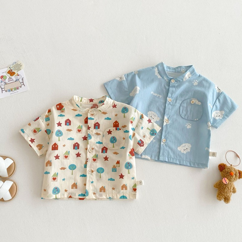 (Order) Áo sơ mi cổ tàu hoạ tiết mùa hè tươi mát có túi dành cho bé trai