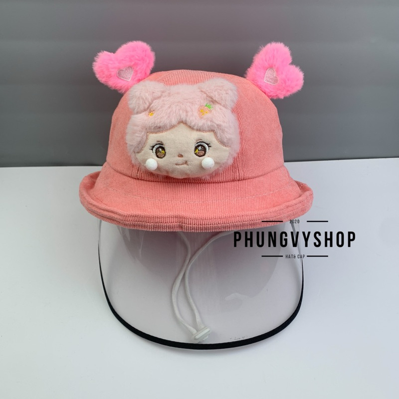 BÉ 2-3Tuổi_Mũ chống giọt bắn chắn gió bụi bucket tai bèo vành phungvyshop-nón /Bo "KIẾNG" NHÍ LẬT BÚP BÊ TAI TIM NHUNG/