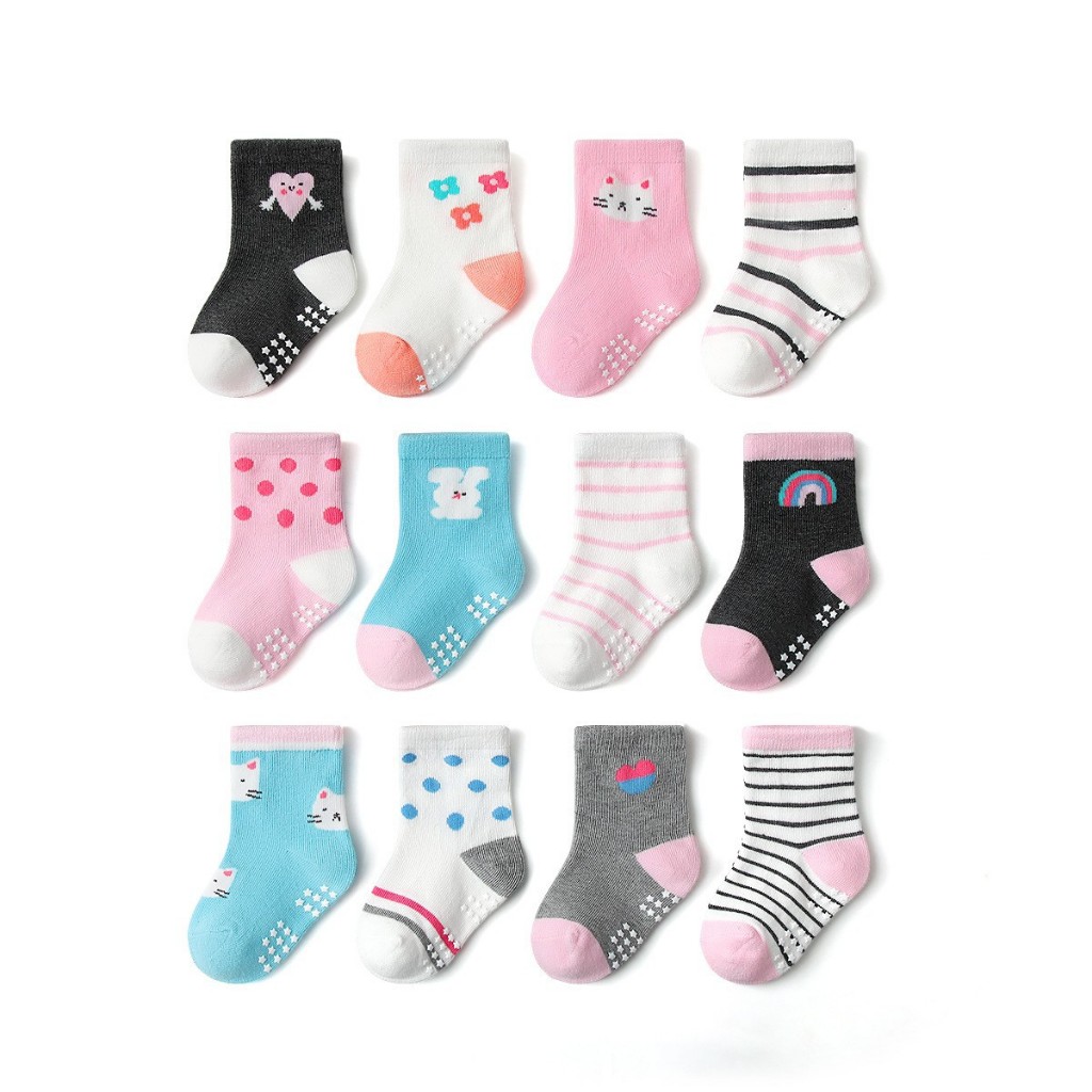 Combo 12 Đôi Tất Tập Đi, Tất Chống Trơn Cho Bé Từ 0-3 tuổi, vải cotton len HC18 Kem