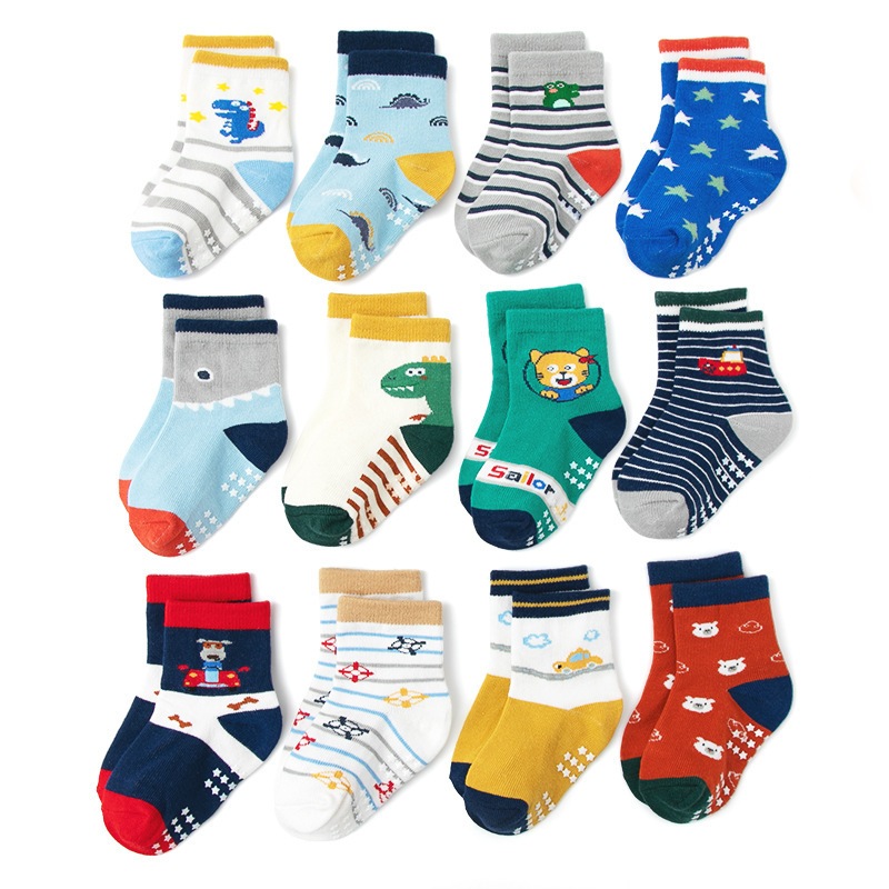 Combo 12 Đôi Tất Tập Đi, Tất Chống Trơn Cho Bé Từ 0-3 tuổi, vải cotton len HC18 Kem