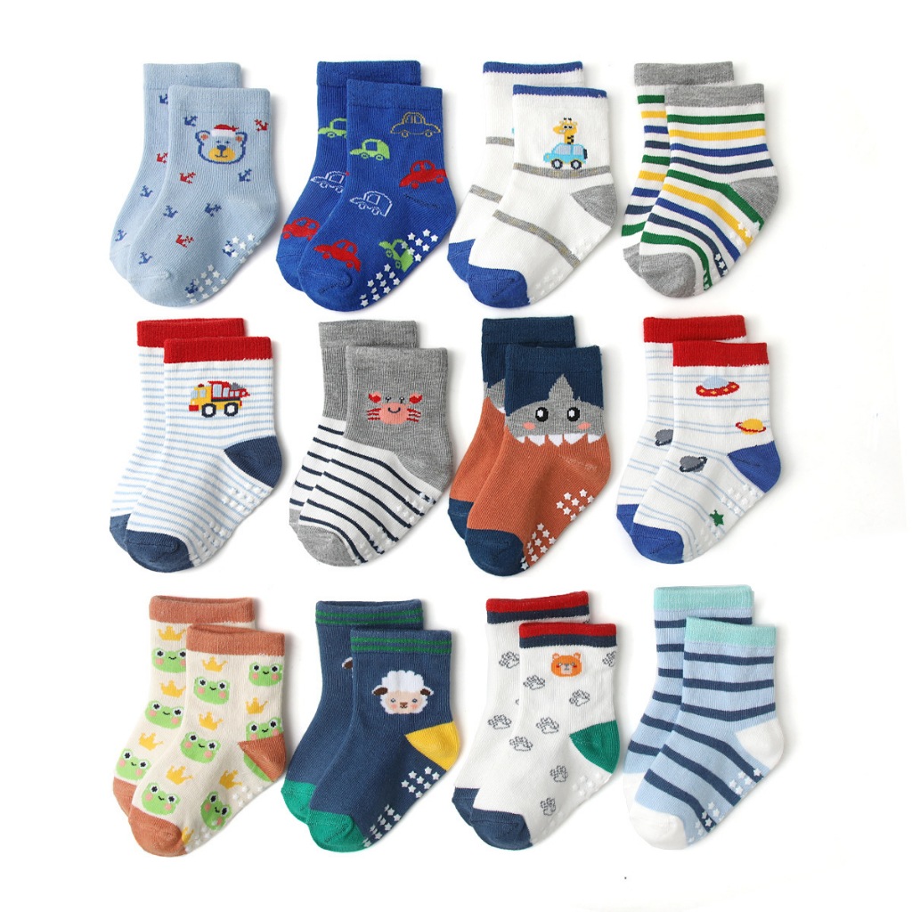 Combo 12 Đôi Tất Tập Đi, Tất Chống Trơn Cho Bé Từ 0-3 tuổi, vải cotton len HC18 Kem