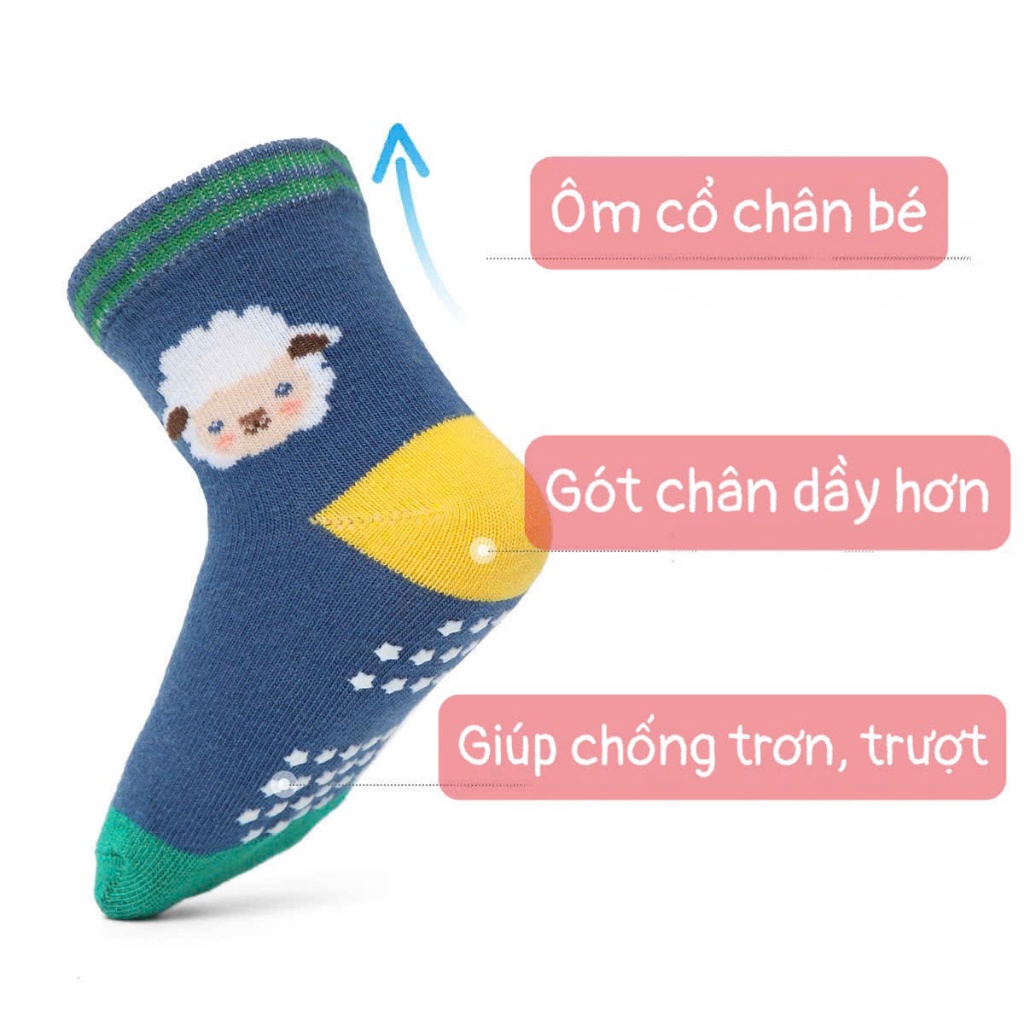 Combo 12 Đôi Tất Tập Đi, Tất Chống Trơn Cho Bé Từ 0-3 tuổi, vải cotton len HC18 Kem