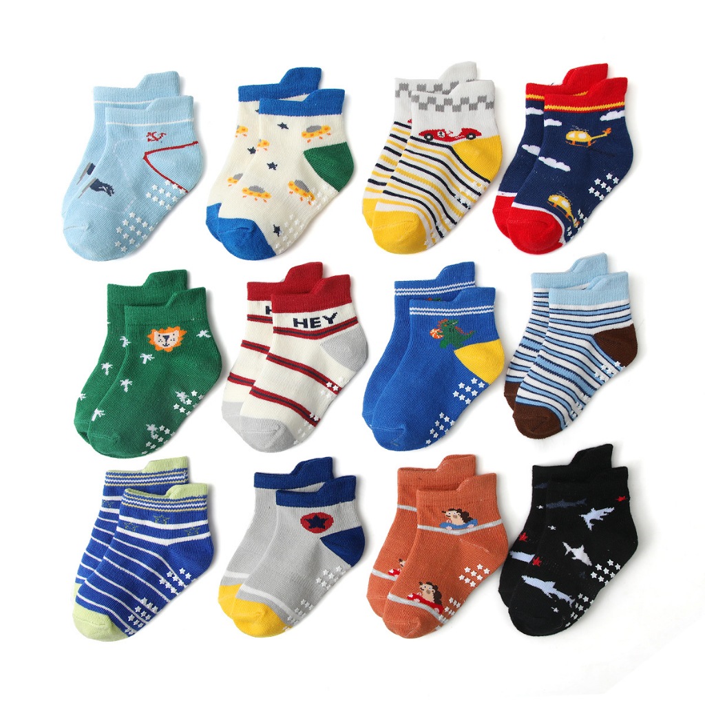 Combo 12 Đôi Tất Tập Đi, Tất Chống Trơn Cho Bé Từ 0-3 tuổi, vải cotton len HC18 Kem