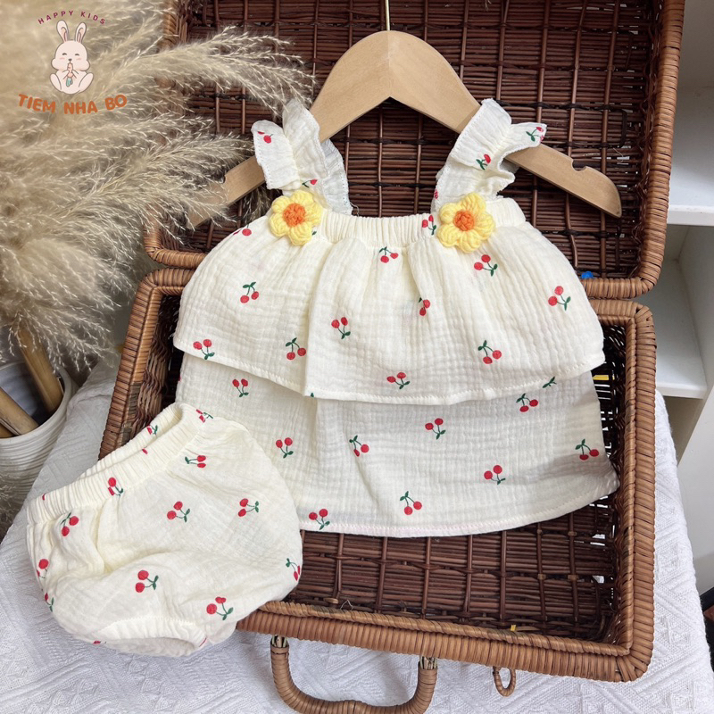 Set hai dây bé gái đính hoa, đồ bộ bé gái sơ sinh đính kèm hoa họa tiết dễ thương cho bé từ 5-15kg Tiệm Nhà Bơ