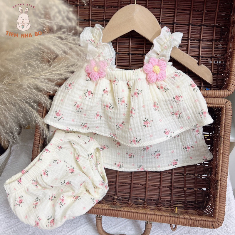 Set hai dây bé gái đính hoa, đồ bộ bé gái sơ sinh đính kèm hoa họa tiết dễ thương cho bé từ 5-15kg Tiệm Nhà Bơ