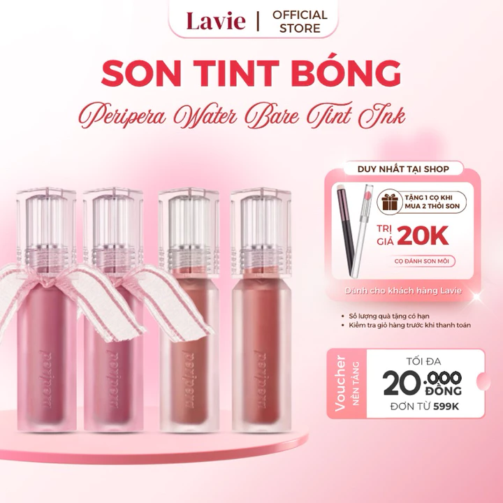 Son Tint Bóng Peripera Water Bare Tint Ink 3.8g thiết kế nắp vuông chất son nhẹ cấp ẩm cao, lâu trôi