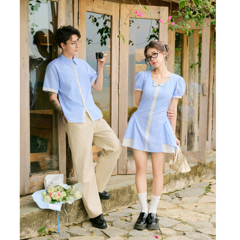 Set đồ biển đôi nam nữ set couple với người yêu áo sơ mi oxford kẻ sọc nam + đầm xòe nữ thương hiệu LILA - FASI