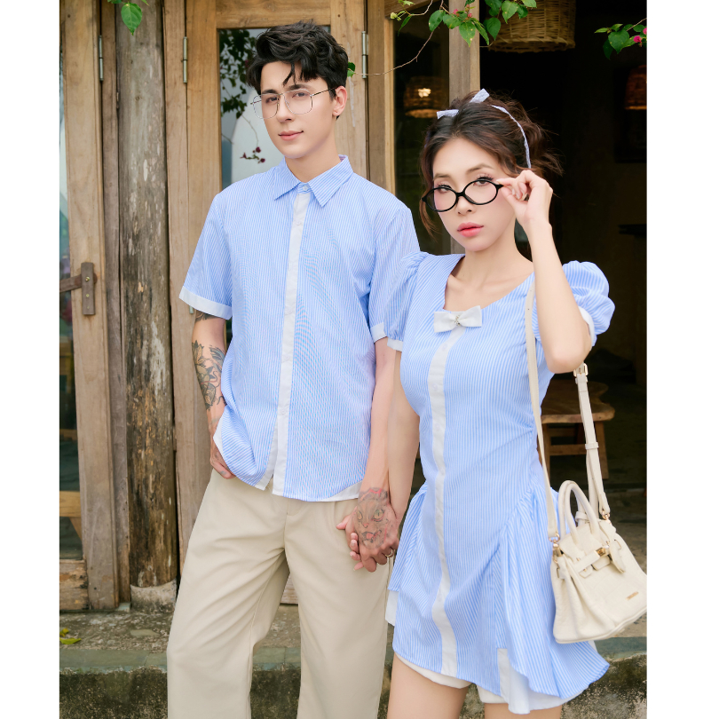 Set đồ biển đôi nam nữ set couple với người yêu áo sơ mi oxford kẻ sọc nam + đầm xòe nữ thương hiệu LILA - FASI