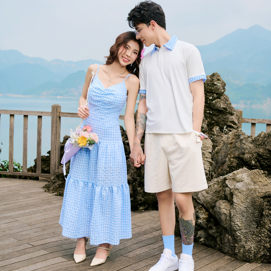 Set đồ biển đôi nam nữ set couple với người yêu áo polo nam + đầm maxi nữ đi du lịch, đi biển - DROSIA