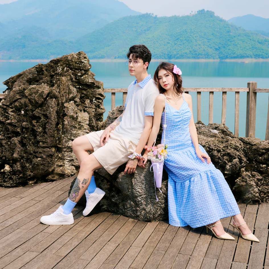 Set đồ biển đôi nam nữ set couple với người yêu áo polo nam + đầm maxi nữ đi du lịch, đi biển - DROSIA