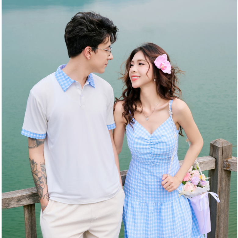 Set đồ biển đôi nam nữ set couple với người yêu áo polo nam + đầm maxi nữ đi du lịch, đi biển - DROSIA