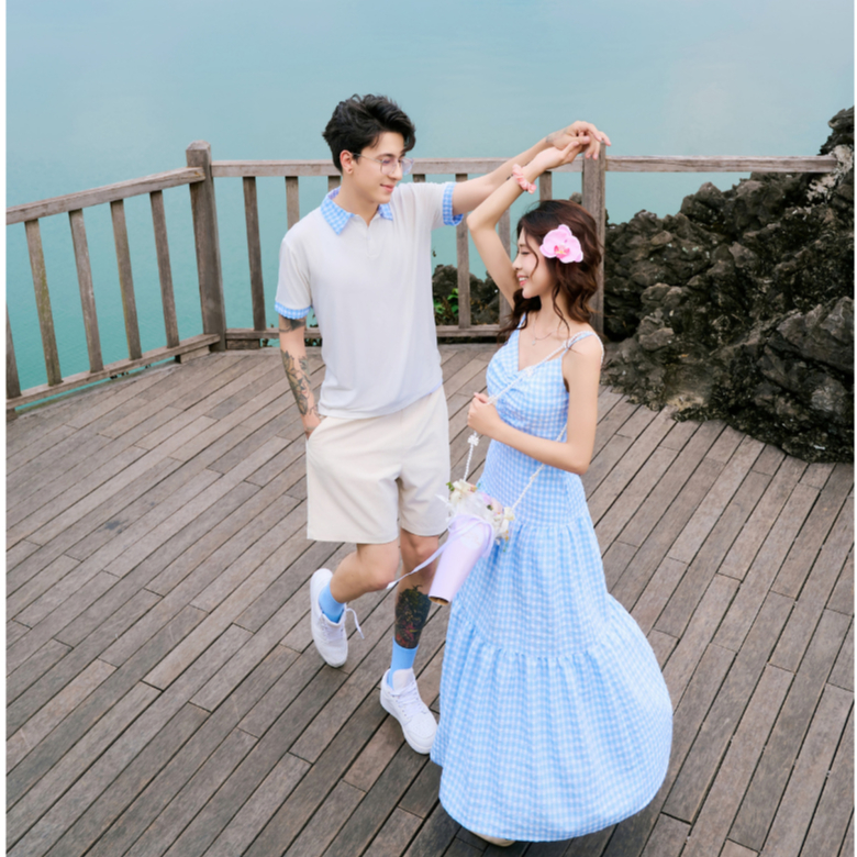 Set đồ biển đôi nam nữ set couple với người yêu áo polo nam + đầm maxi nữ đi du lịch, đi biển - DROSIA