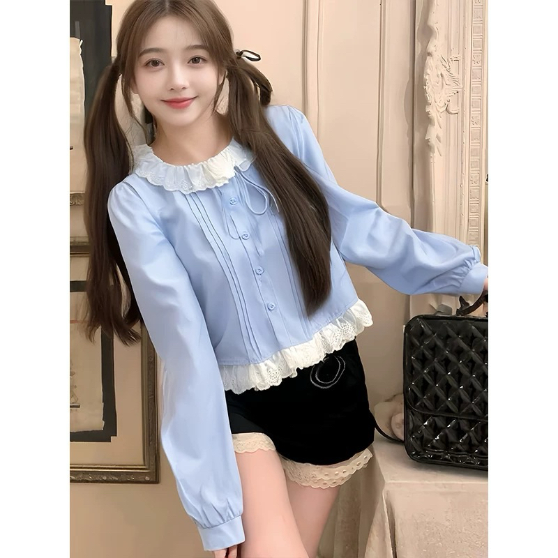 Áo Sơ Mi Kiểu Nữ Dáng Croptop Tay Dài Xếp Li Phối Ren Phong Cách Tiểu ...