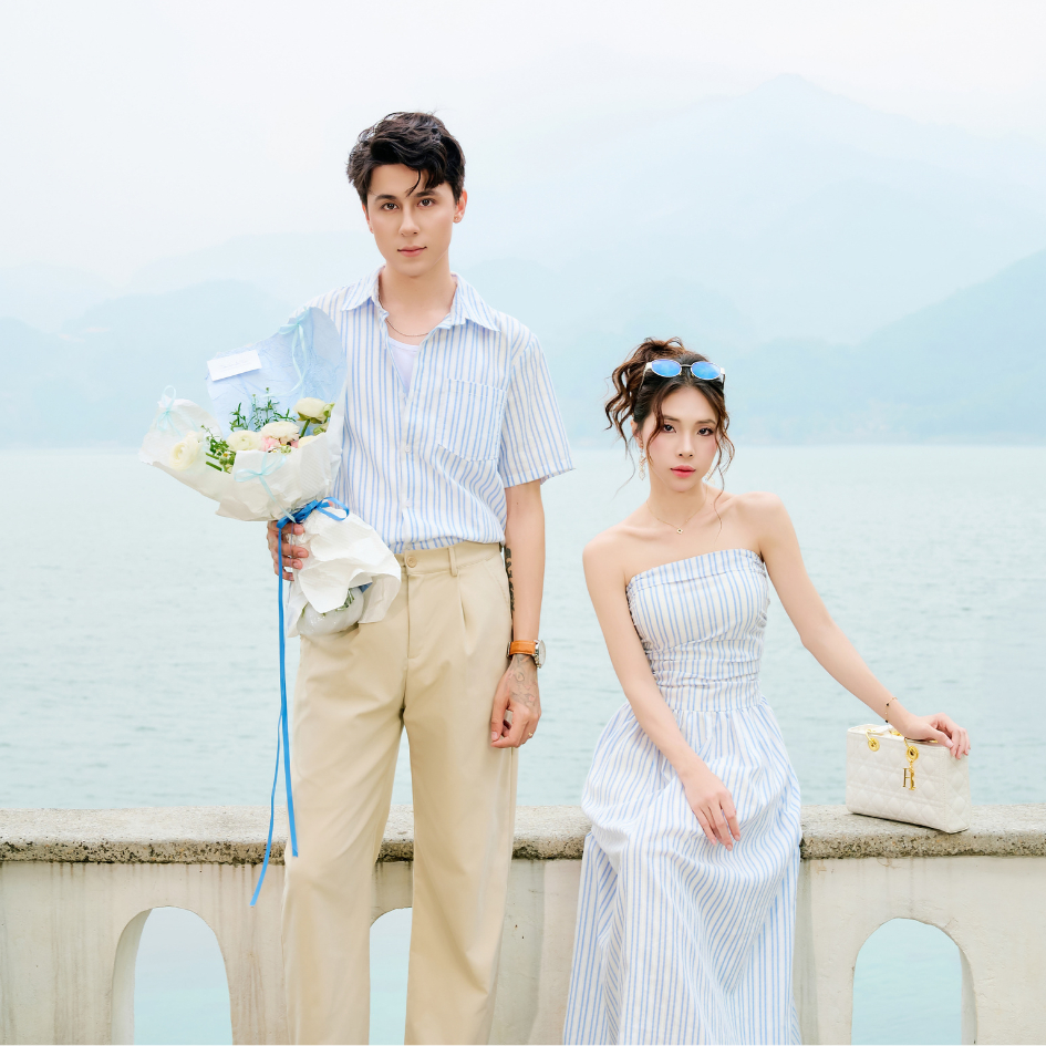 Set đồ biển đôi nam nữ set couple với người yêu áo sơ mi oxford nam + đầm maxi nữ thương hiệu LILA - PERI