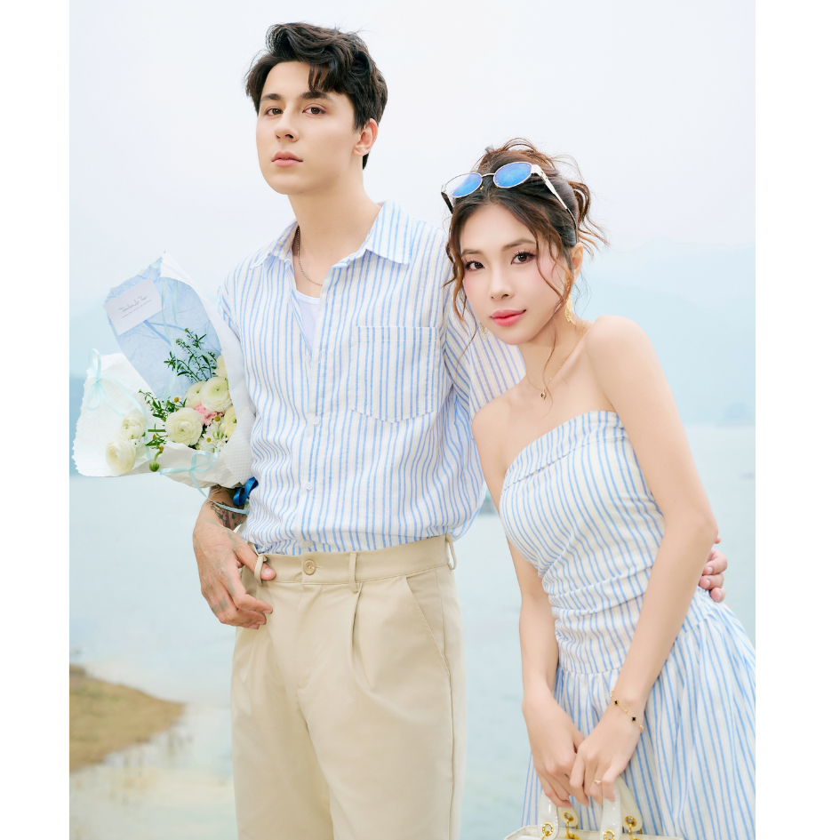 Set đồ biển đôi nam nữ set couple với người yêu áo sơ mi oxford nam + đầm maxi nữ thương hiệu LILA - PERI