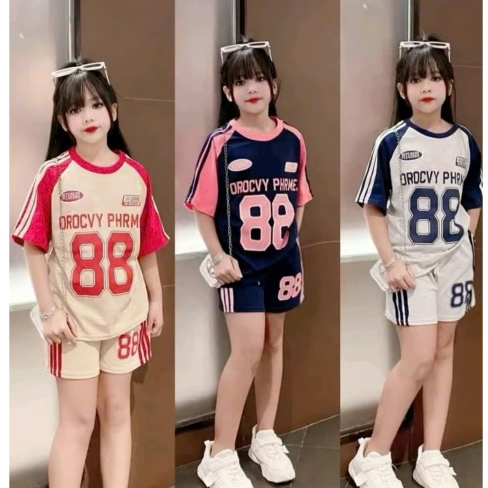 Bộ Quần Áo Thể Thao Mùa Hè Phối Sọc In Số 88 Đầy Cá Tinh Dành Cho Bé Gái 13-43kg Chất Liệu Cotton Su Thoáng Mát Mềm Mịn