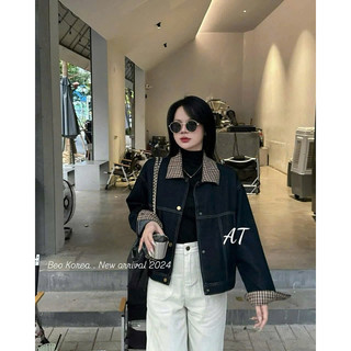 Áo Khoác Jean Nữ Dài Tay Phối Cổ Cài Cúc Tay Kẻ Trơn Basic Xinh Xắn QCCC Cao Cấp