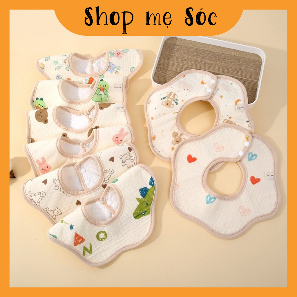 Yếm tròn xô chống thấm hình hoa NỀN NÂU KEM xoay 360 độ cao cấp, an toàn cho bé 0-2 tuổi mesocshop