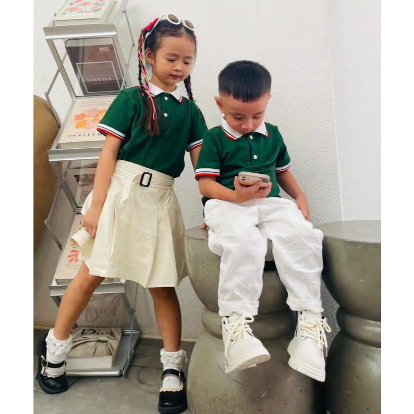 Áo Gia Đình Fig Tree Thun Polo Cá Sấu Cao Cấp Màu Xanh Rêu Diện Cùng Nhau Siêu Đẹp, Vải dày dặn
