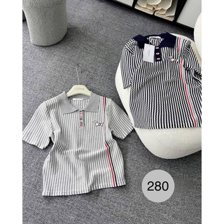 Áo len nữ cộc tay Thom cún kẻ sọc chất len dệt kim dày dặn cổ đức mã 909