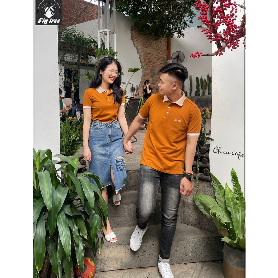 Áo Thun Đôi Nam Nữ Fig Tree Polo Cá Sấu Màu Cam Đất Dày Dặn, Hàng thiết kế, nhiều size