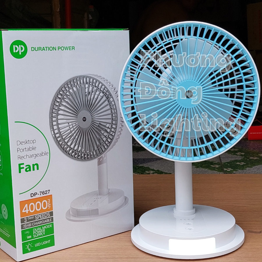 Quạt Sạc Tích Điện DP - 7627 Kết hợp Đèn LED Chiếu sáng, Công Suất 6W Mạnh Mẽ , Pin Sạc 4000 mAh