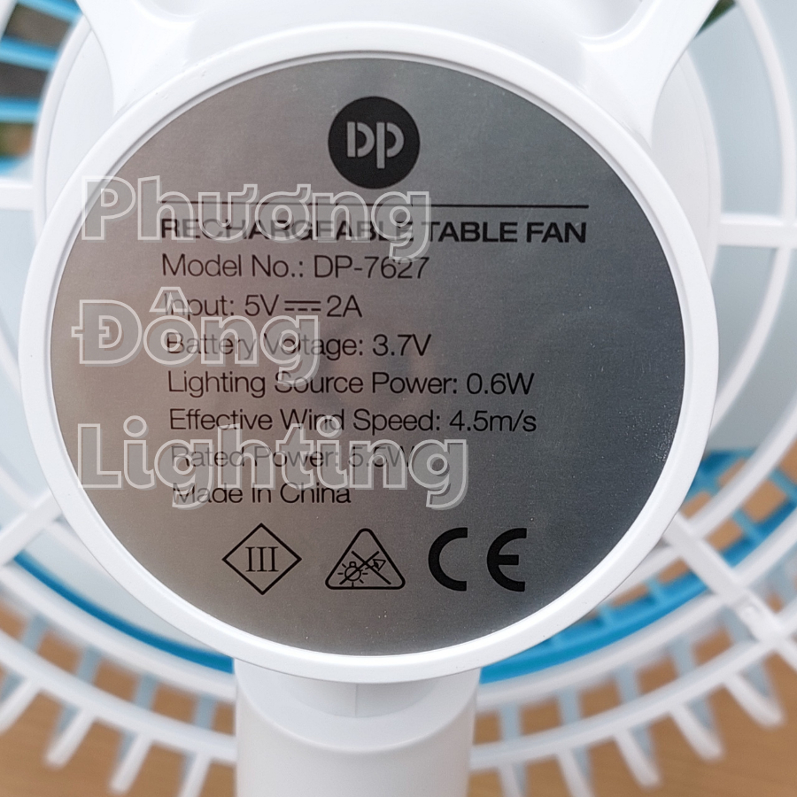 Quạt Sạc Tích Điện DP - 7627 Kết hợp Đèn LED Chiếu sáng, Công Suất 6W Mạnh Mẽ , Pin Sạc 4000 mAh