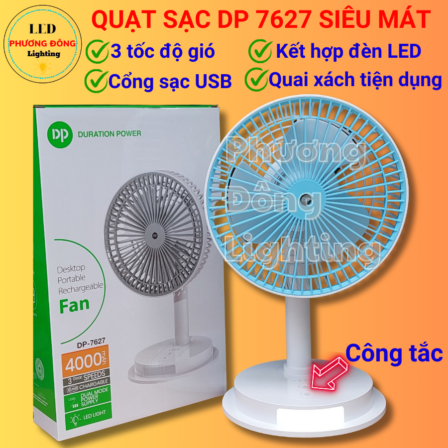 Quạt Sạc Tích Điện DP - 7627 Kết hợp Đèn LED Chiếu sáng, Công Suất 6W Mạnh Mẽ , Pin Sạc 4000 mAh