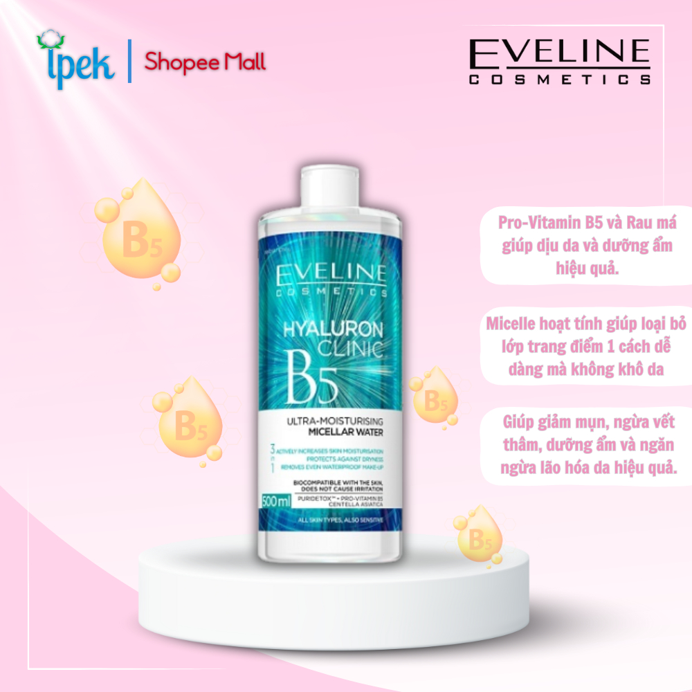 Ảnh Nước tẩy trang Eveline hyaluronic B5 clinic chiết xuất rau má dưỡng ẩm 500ML 2
