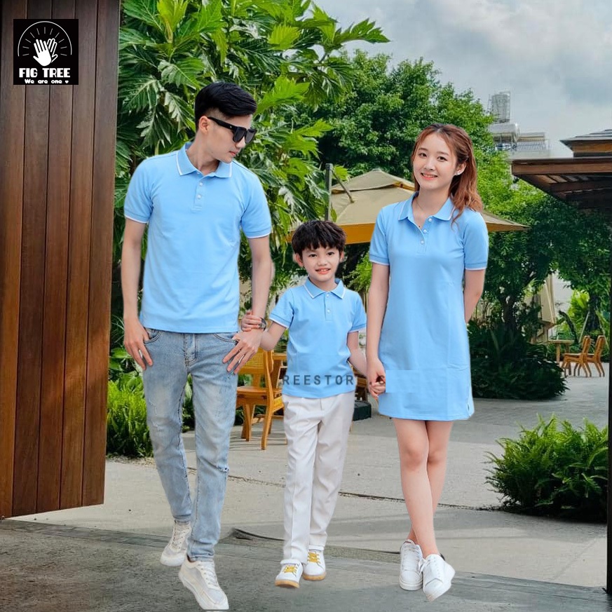 Set Gia Đình Fig Tree  Thun Polo Màu Xanh Nhạt Siêu Xinh, Chất Cá Sấu Dày Dặn, Full size