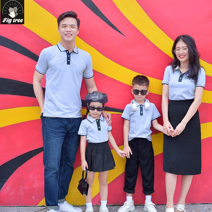 Set Gia Đình Fig Tree Thun Polo Cá Sấu Màu Xám Phối Xanh Đen, Vải Co Giãn, Hàng thiết kế, Nhiều size