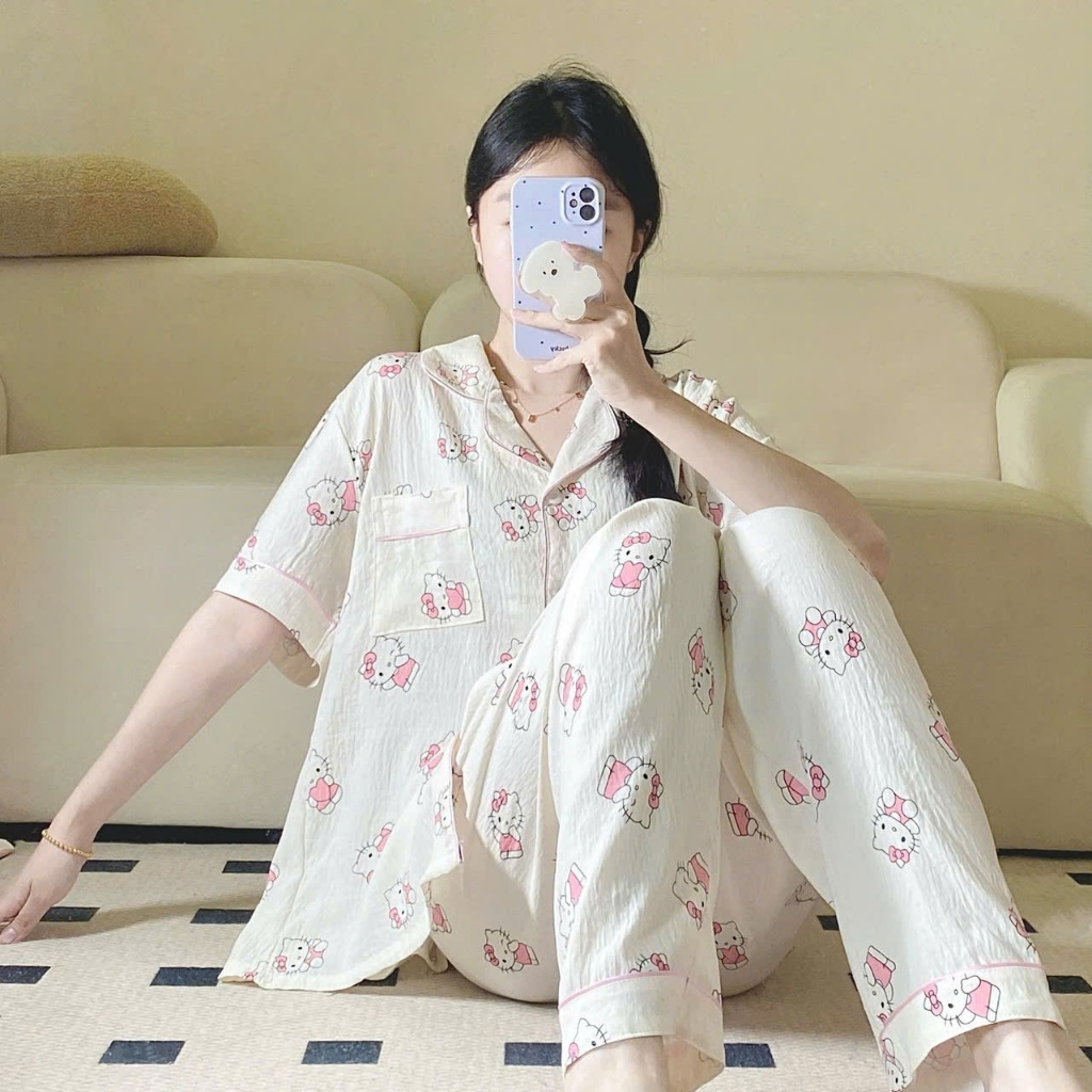 MEIQUIYI Bộ pyjama dài cộc tay cho nữ in hoạ tiết hoa lá mùa hè