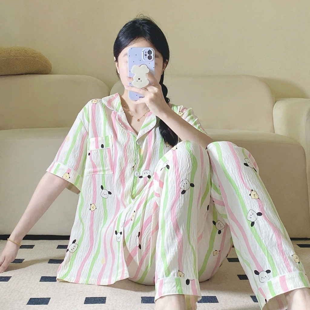 MEIQUIYI Bộ pyjama dài cộc tay cho nữ in hoạ tiết hoa lá mùa hè