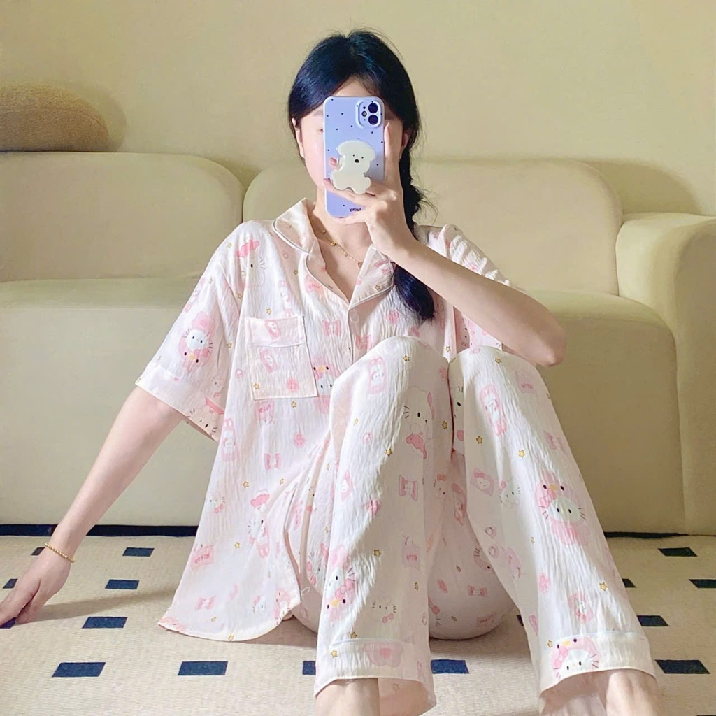 MEIQUIYI Bộ pyjama dài cộc tay cho nữ in hoạ tiết hoa lá mùa hè